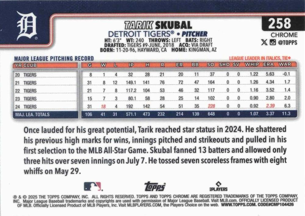 2025 Topps Chrome MLB Tarik Skubal #258 Detroit Tigers