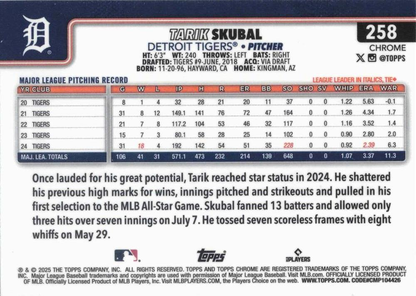 2025 Topps Chrome MLB Tarik Skubal #258 Detroit Tigers