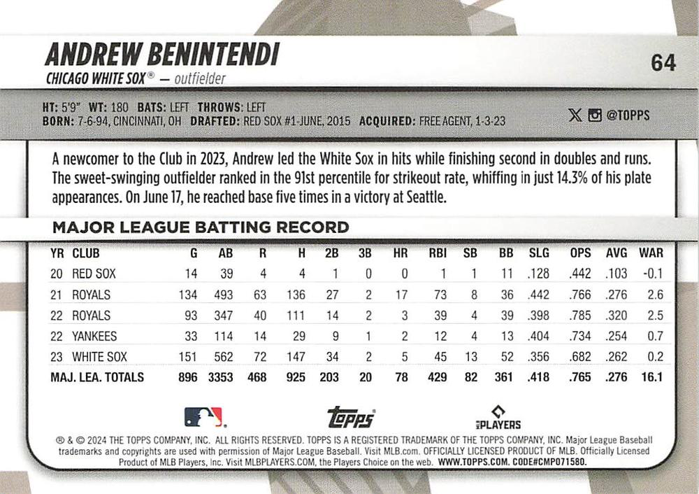 2024 Topps Big League Common Andrew Benintendi Chicago White Sox #64
