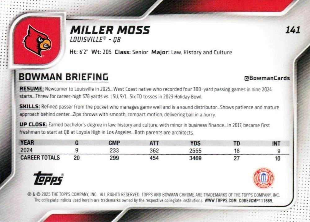 2025 Topps Bowman U Chrome Miller Moss 1st #141 Louisville Cardinals