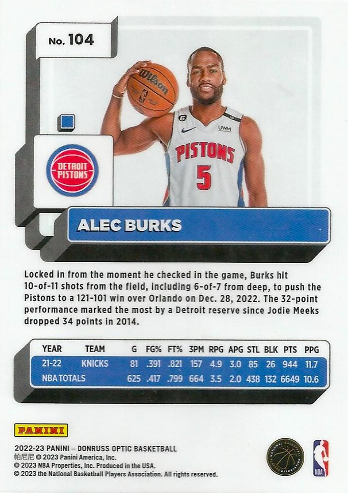 2022 Panini Donruss Optic Alec Burks #104 Detroit Pistons