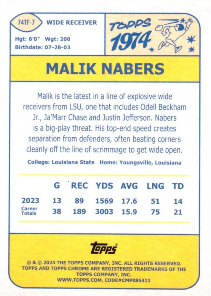 2024 Topps Chrome 1974 Topps Football X-Fractor Malik Nabers #74TF-7 New York Giants