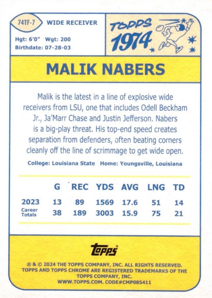 2024 Topps Chrome 1974 Topps Football X-Fractor Malik Nabers #74TF-7 New York Giants