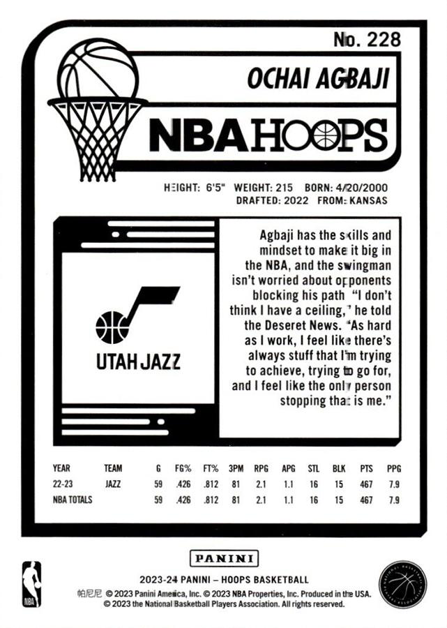 2023 Panini Hoops Ochai Agbaji #228 Utah Jazz