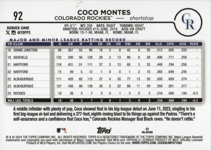 2024 Topps Series 1 Coco Montes RC Colorado Rockies #92 Rainbow Foil Parallel
