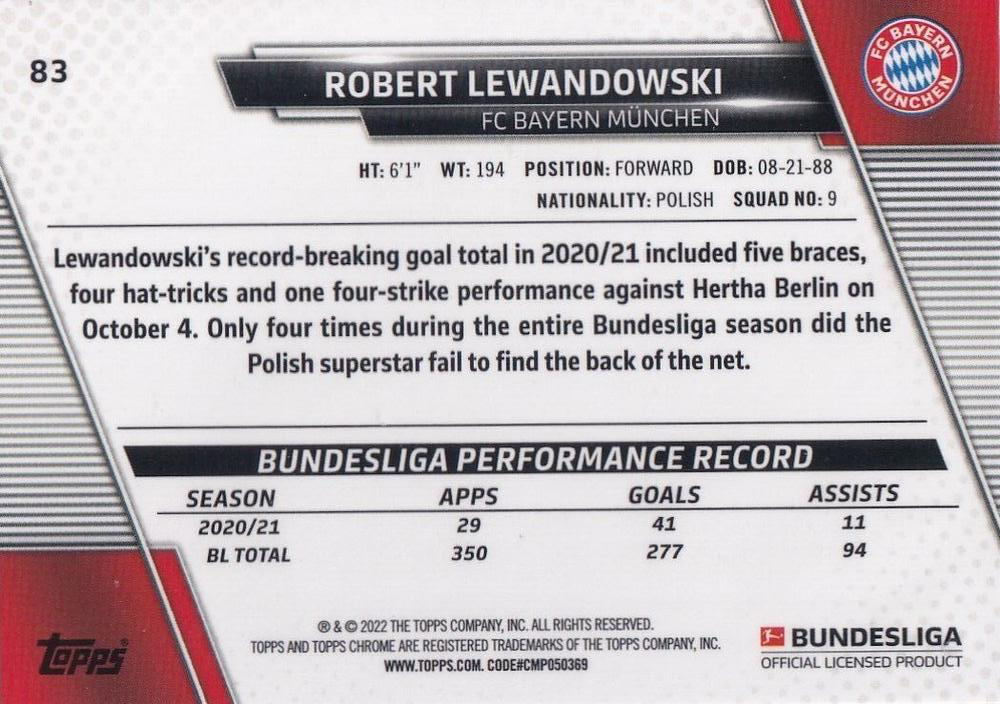 2021 Topps Chrome Bundesliga Robert Lewandowski #83 FC Bayern Munich
