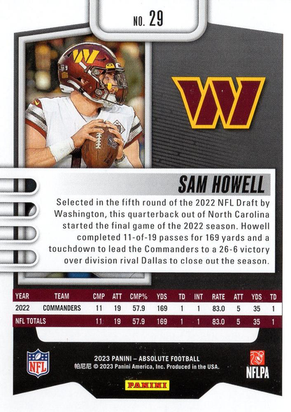2023 Panini Absolute Sam Howell #29 Washington Commanders