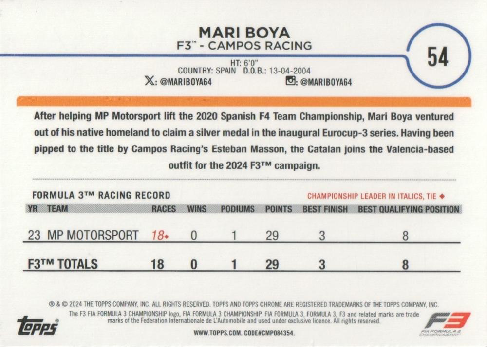 2024 Topps Chrome Formula 1 Mari Boya F3D #54 Campos Racing