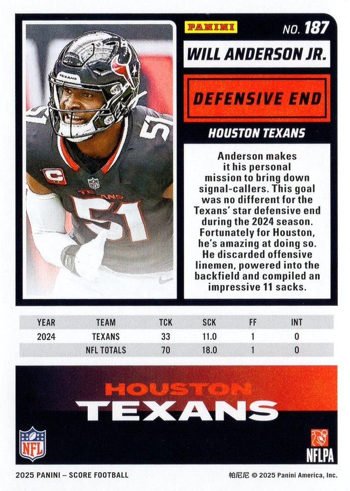 2025 Panini Score Will Anderson Jr. #187 Houston Texans