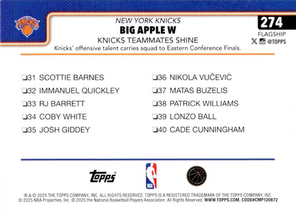 2025 Topps NBA Big Apple W: Knicks Teammates Shine CL #274 New York Knicks