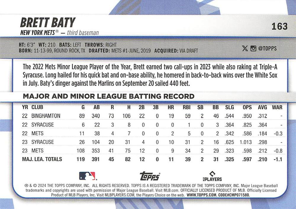 2024 Topps Big League Common Brett Baty New York Mets #163