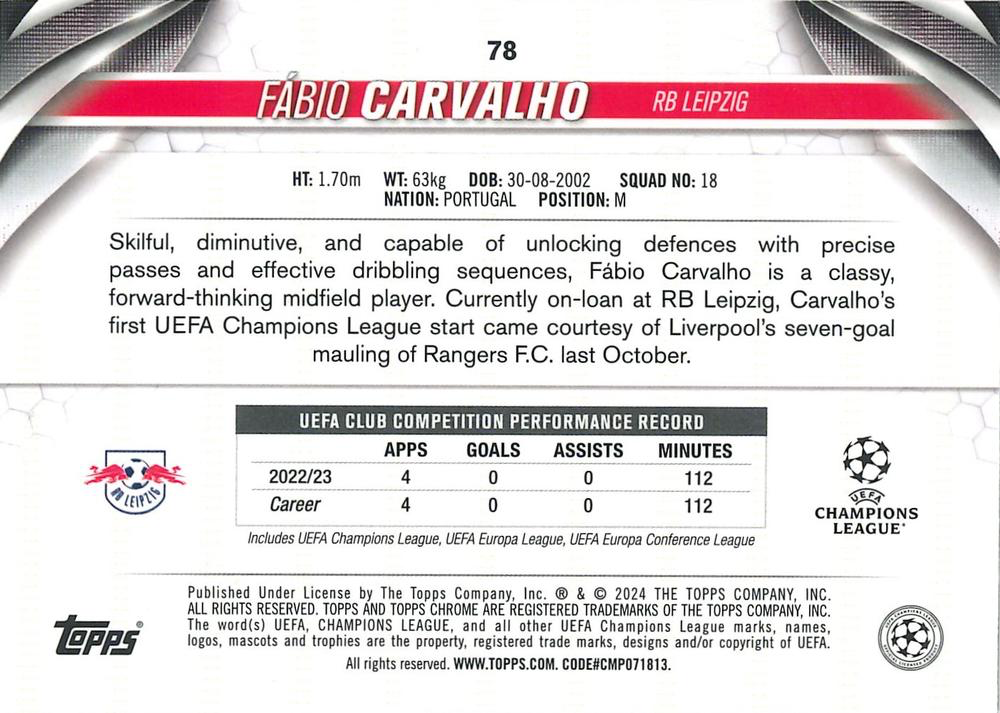 2023 Topps Chrome UEFA Club Competitions Fábio Carvalho #78 RB Leipzig