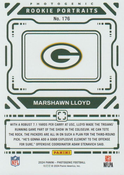 2024 Panini Photogenic MarShawn Lloyd Rookie Portrait RC #176 Green Bay Packers