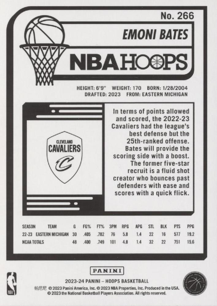 2023 Panini Hoops Emoni Bates RC #266 Cleveland Cavaliers