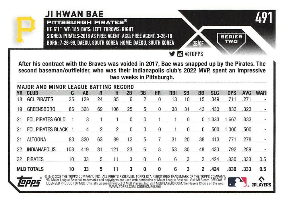2023 Topps Series 2 Ji Hwan Bae RC Pittsburgh Pirates #491