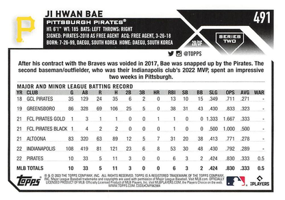 2023 Topps Series 2 Ji Hwan Bae RC Pittsburgh Pirates #491