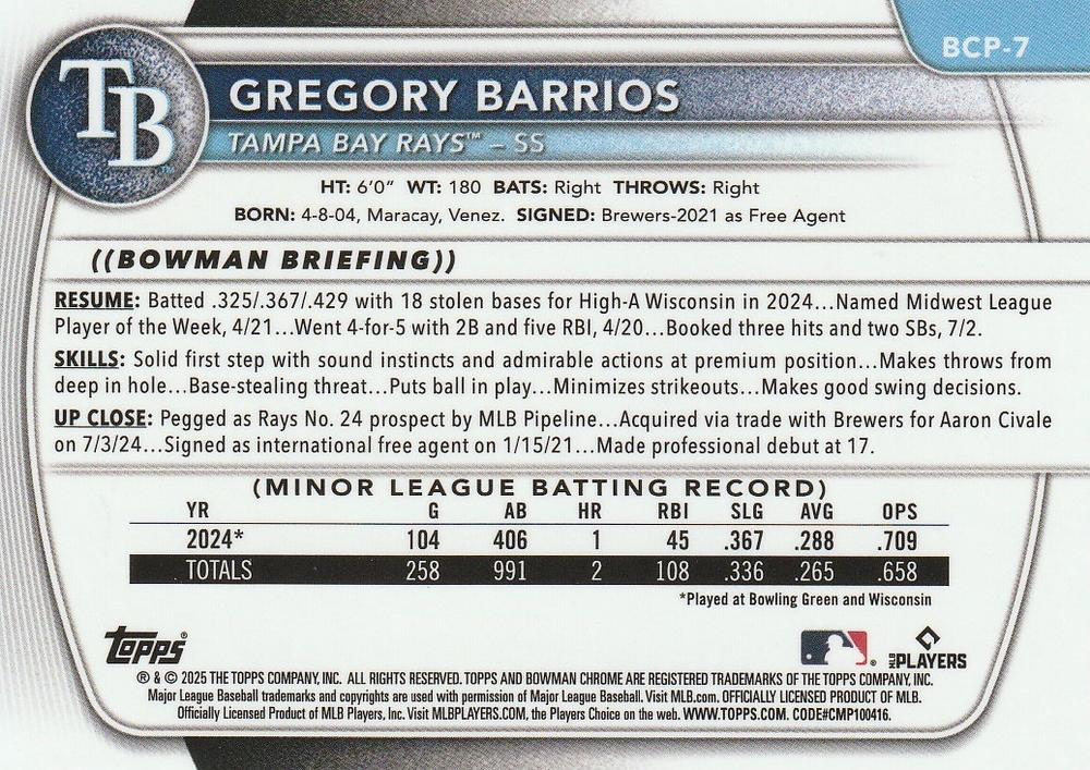 2025 Topps Bowman Chrome Prospect Gregory Barrios 1st #BCP-7 Tampa Bay Rays