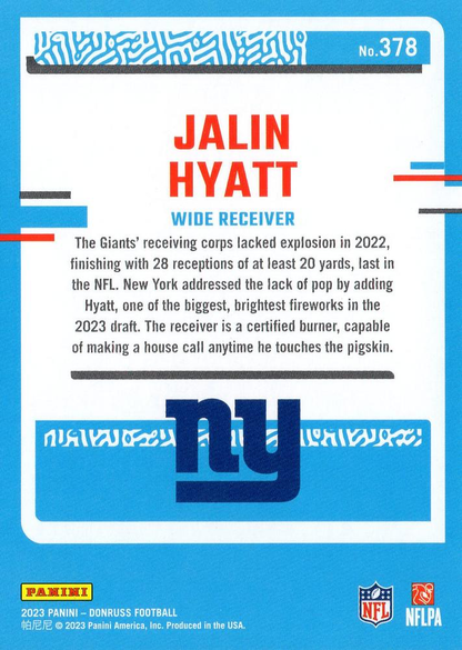 2023 Panini Donruss Rated Rookie Jalin Hyatt RC #378 New York Giants