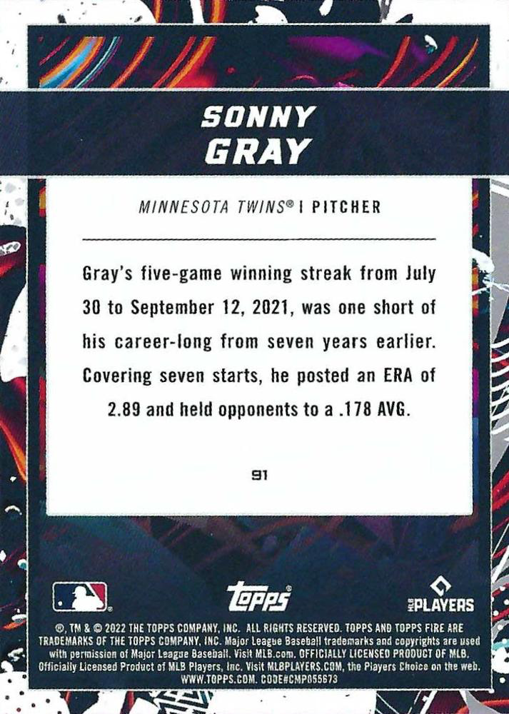 2022 Topps Fire Sonny Gray Minnesota Twins #91