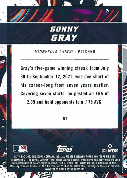 2022 Topps Fire Sonny Gray Minnesota Twins #91
