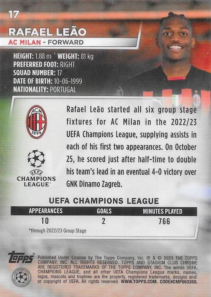 2022 Topps Stadium Club Chrome UCC Rafael Leão #17 A.C. Milan