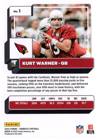 2022 Panini Donruss Kurt Warner #1 Arizona Cardinals