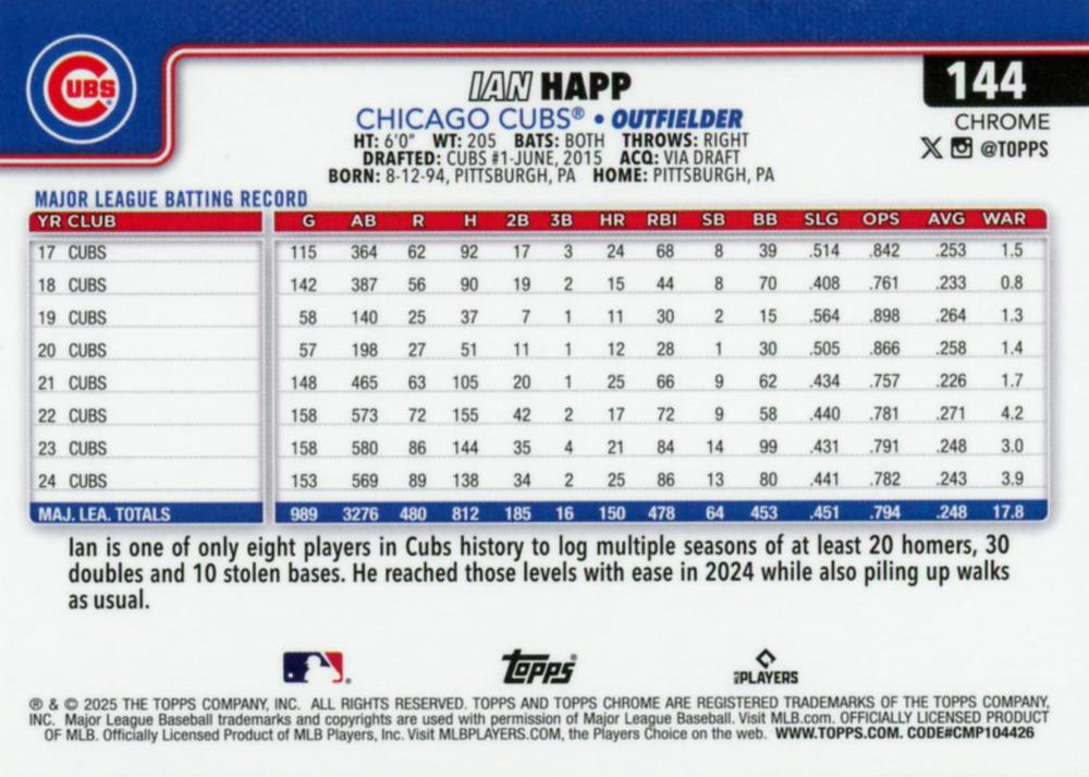 2025 Topps Chrome MLB Ian Happ #144 Chicago Cubs