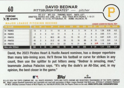 2024 Topps Chrome RayWave Refractor Parallel David Bednar Pittsburgh Pirates #60