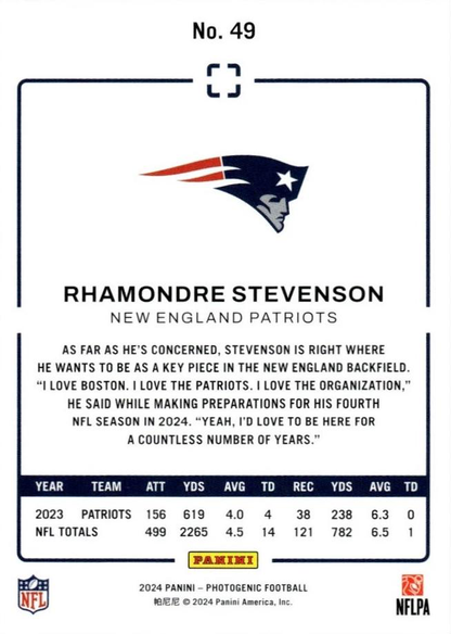 2024 Panini Photogenic Rhamondre Stevenson #49 New England Patriots