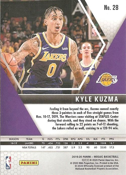 2019 Panini Mosaic Kyle Kuzma #28 Los Angeles Lakers