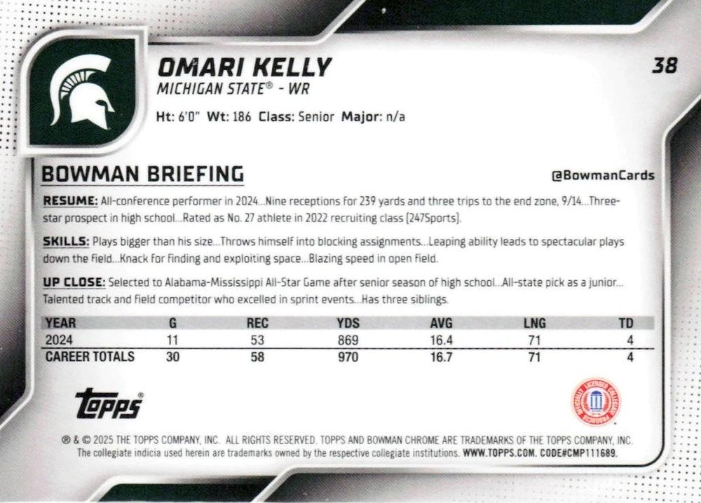2025 Topps Bowman U Chrome Omari Kelly 1st #38 Michigan State Spartans