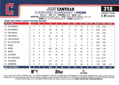 2025 Topps Series 1 Joey Cantillo RC Cleveland Guardians #318