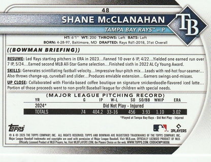 2025 Topps Bowman Shane McClanahan Tampa Bay Rays #48