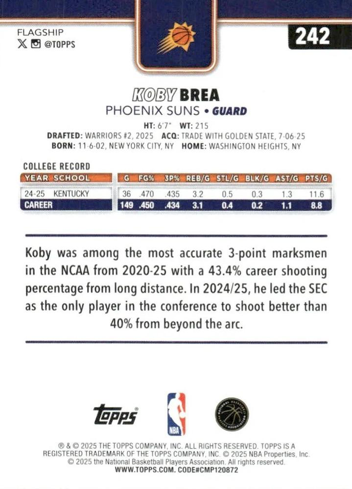 2025 Topps NBA Koby Brea RC #242 Phoenix Suns