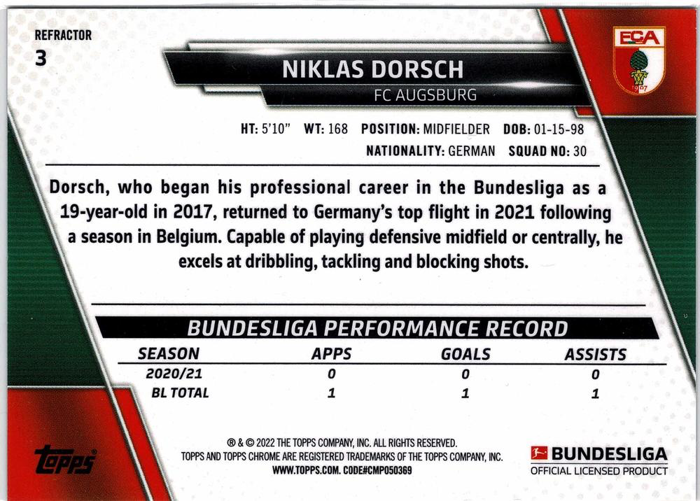 2021 Topps Chrome Bundesliga Refractor Niklas Dorsch #3 FC Augsburg