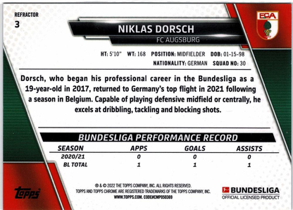 2021 Topps Chrome Bundesliga Refractor Niklas Dorsch #3 FC Augsburg