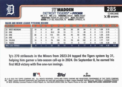 2025 Topps Chrome MLB Ty Madden RC #285 Detroit Tigers