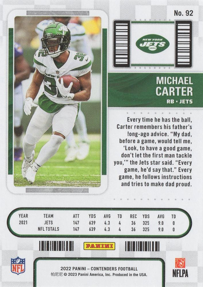 2022 Panini Contenders Michael Carter New York Jets #92