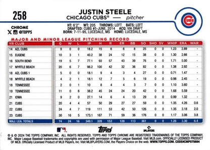 2024 Topps Chrome Justin Steele Chicago Cubs #258
