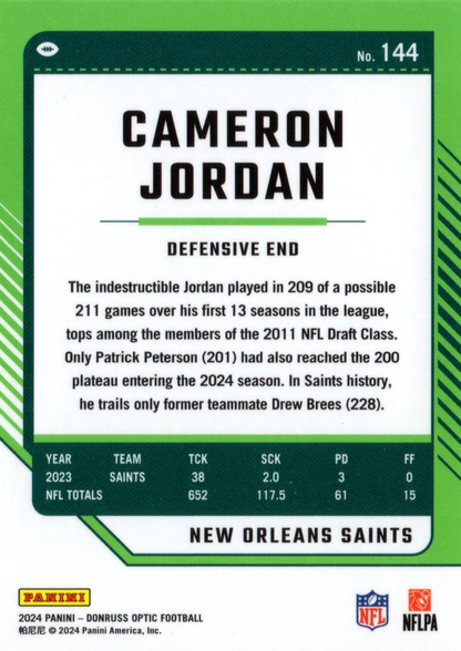 2024 Donruss Optic Football Cameron Jordan New Orleans Saints #144