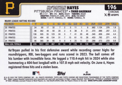 2025 Topps Chrome MLB Ke'Bryan Hayes #196 Pittsburgh Pirates