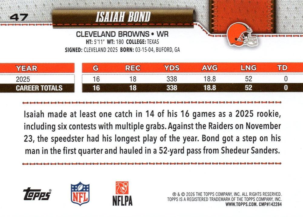 2026 Topps Flagship Isaiah Bond #47 Cleveland Browns