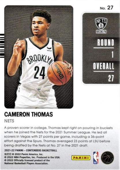 2021 Panini Contenders Draft Class Cameron Thomas #27 Brooklyn Nets
