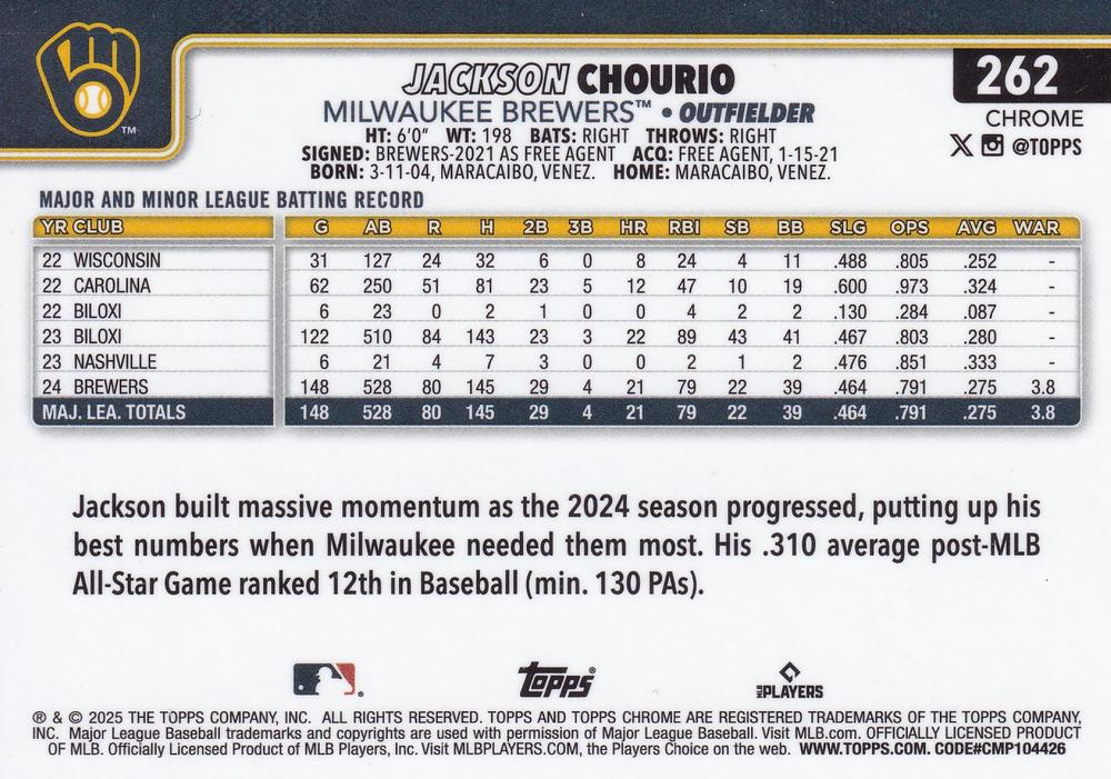 2025 Topps Chrome MLB Jackson Chourio ASR #262 Milwaukee Brewers