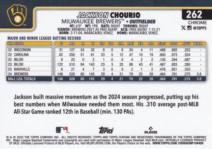 2025 Topps Chrome MLB Jackson Chourio ASR #262 Milwaukee Brewers