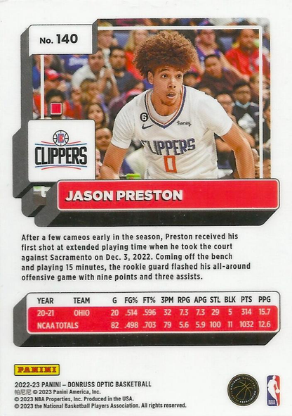 2022 Panini Donruss Optic Jason Preston #140 Los Angeles Clippers