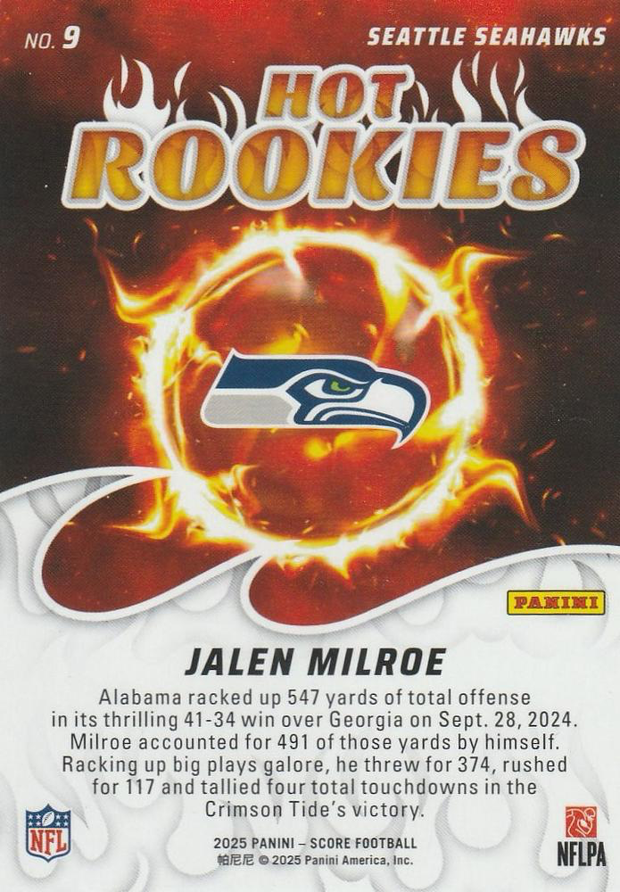 2025 Panini Score Hot Rookies Jalen Milroe #9 Seattle Seahawks