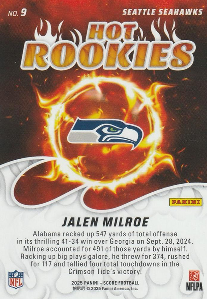 2025 Panini Score Hot Rookies Jalen Milroe #9 Seattle Seahawks
