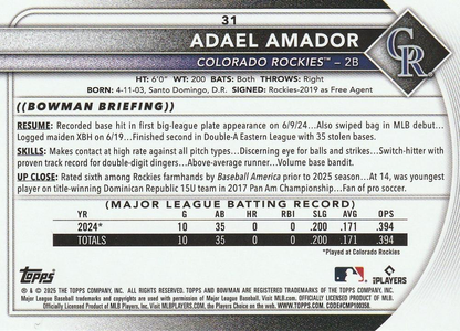 2025 Topps Bowman Adael Amador RC Colorado Rockies #31