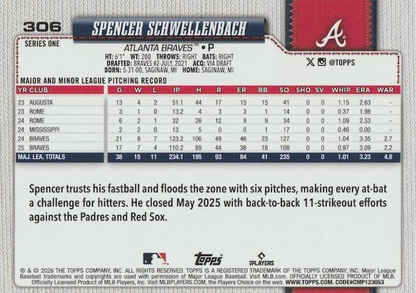2026 Topps Series 1 Spencer Schwellenbach FS #306 Atlanta Braves